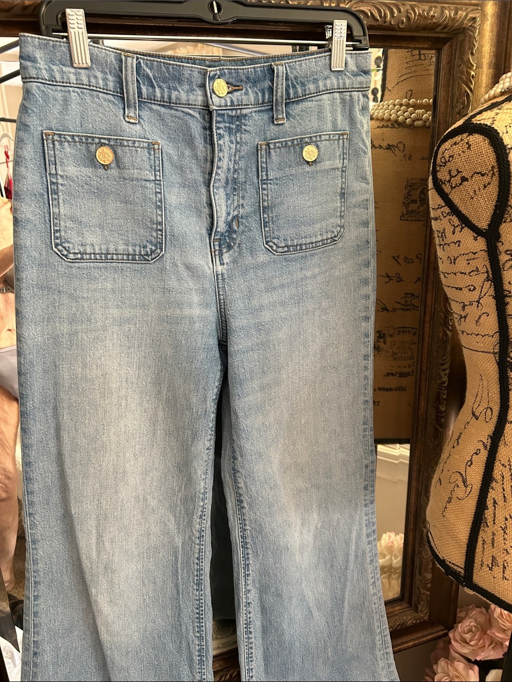 J.CREW • Sailor Wide Leg Trousers Gold Buttons Patch Pockets Jeans - High Rise - Picture 4 of 16
